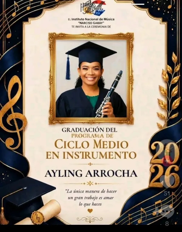 Anuncio de graduación de Ayling Arrocha en el Instituto Nacional de Música Narciso Garay